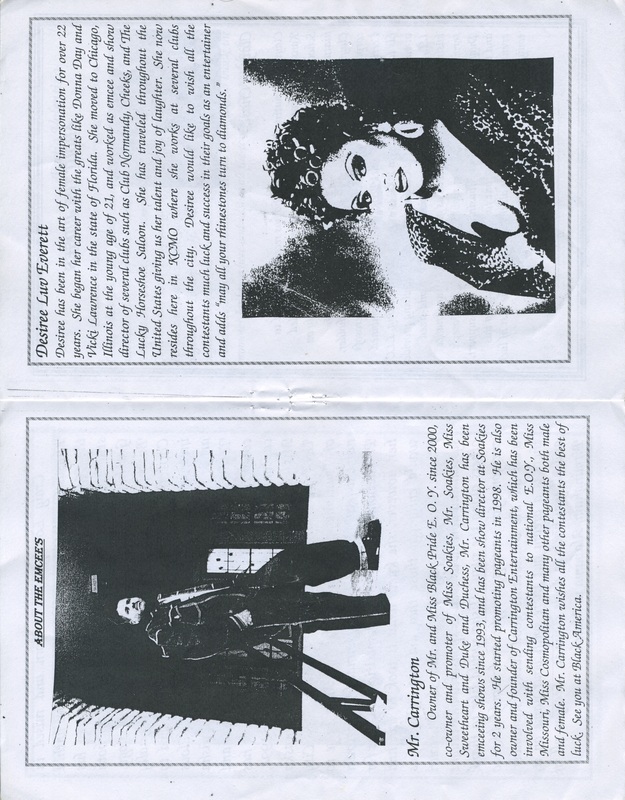 Page 6 and 7 for "Mr. & Miss Black Mid-America" program. Pictures and bio for emcees of the pageant, Gary Carrington and Desiree Luv Everett.