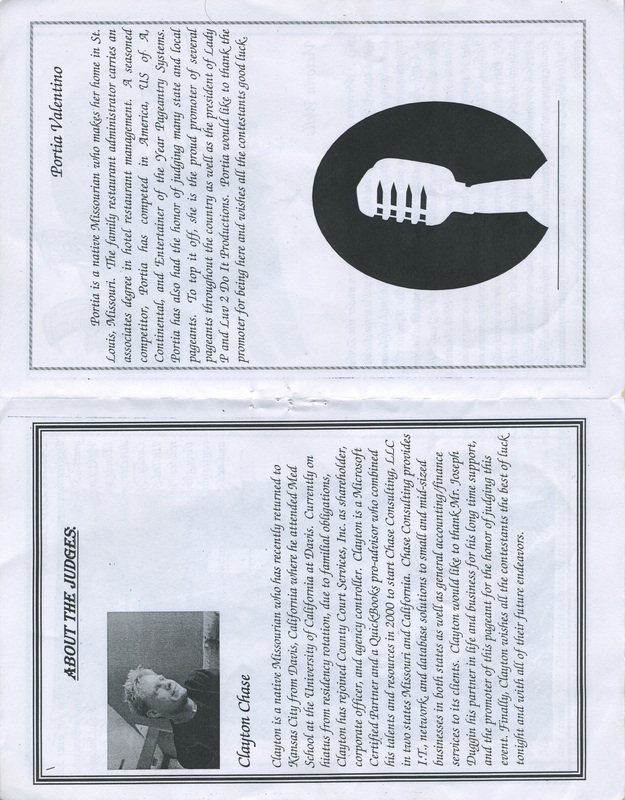 Page 8 and 9 for "Mr. & Miss Black Mid-America" program. Pictures and bio for judges of the pageant, Clayton Chase and Portia Valentino.