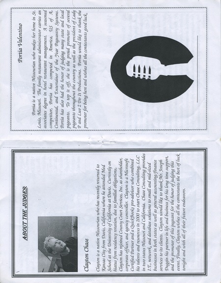 Page 8 and 9 for "Mr. & Miss Black Mid-America" program. Pictures and bio for judges of the pageant, Clayton Chase and Portia Valentino.