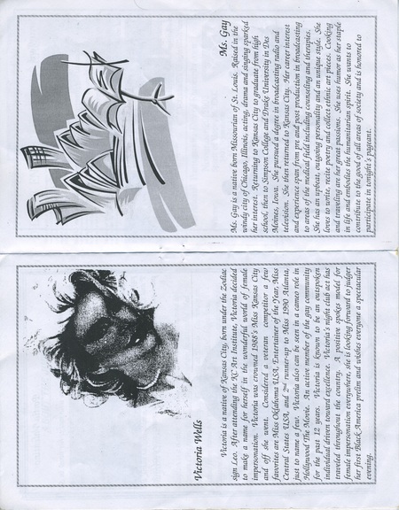 Page 9 and 10 for "Mr. & Miss Black Mid-America" program. Pictures and bio for judges of the pageant, Victoria Wells and Ms. Gay.