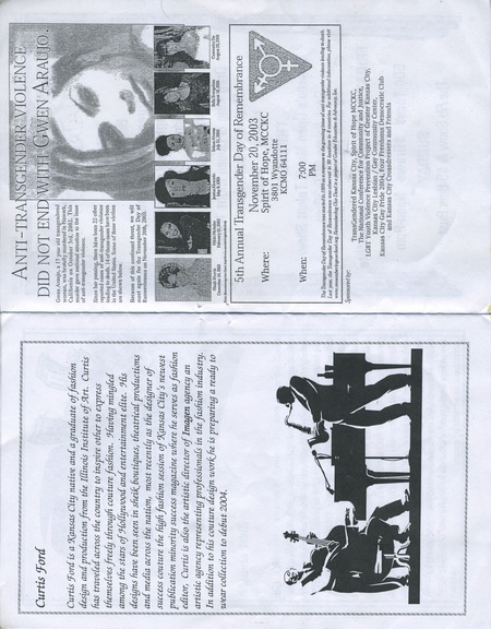 Page 11 and 12 for "Mr. & Miss Black Mid-America" program. Pictures and bio for judge of the pageant, Curtis Ford; as well as a memorial service ad for Gwen Araujo. 