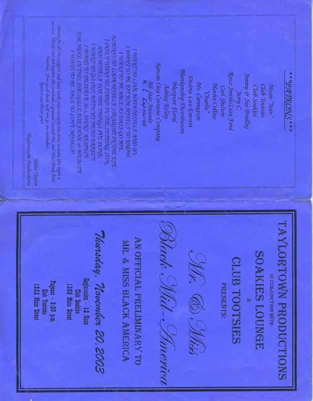 Cover and back page for "Mr. & Miss Black Mid-America" program. Information about the pageant is listed on the cover; patrons of the pageant and a short poem is listed on the back.