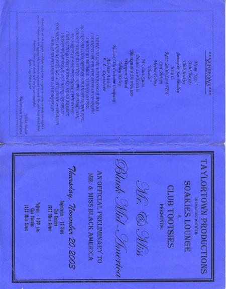 Cover and back page for "Mr. & Miss Black Mid-America" program. Information about the pageant is listed on the cover; patrons of the pageant and a short poem is listed on the back.